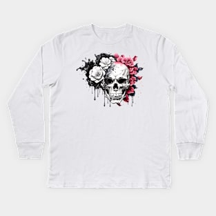 Skull and flowers Ink Dripping Effect Kids Long Sleeve T-Shirt